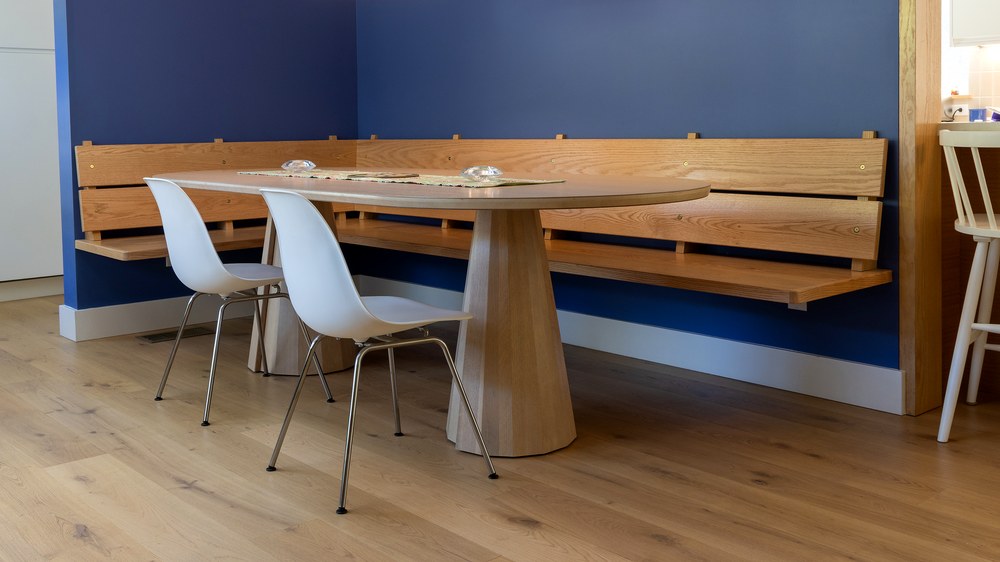 Full run of the oak banquette along the wall