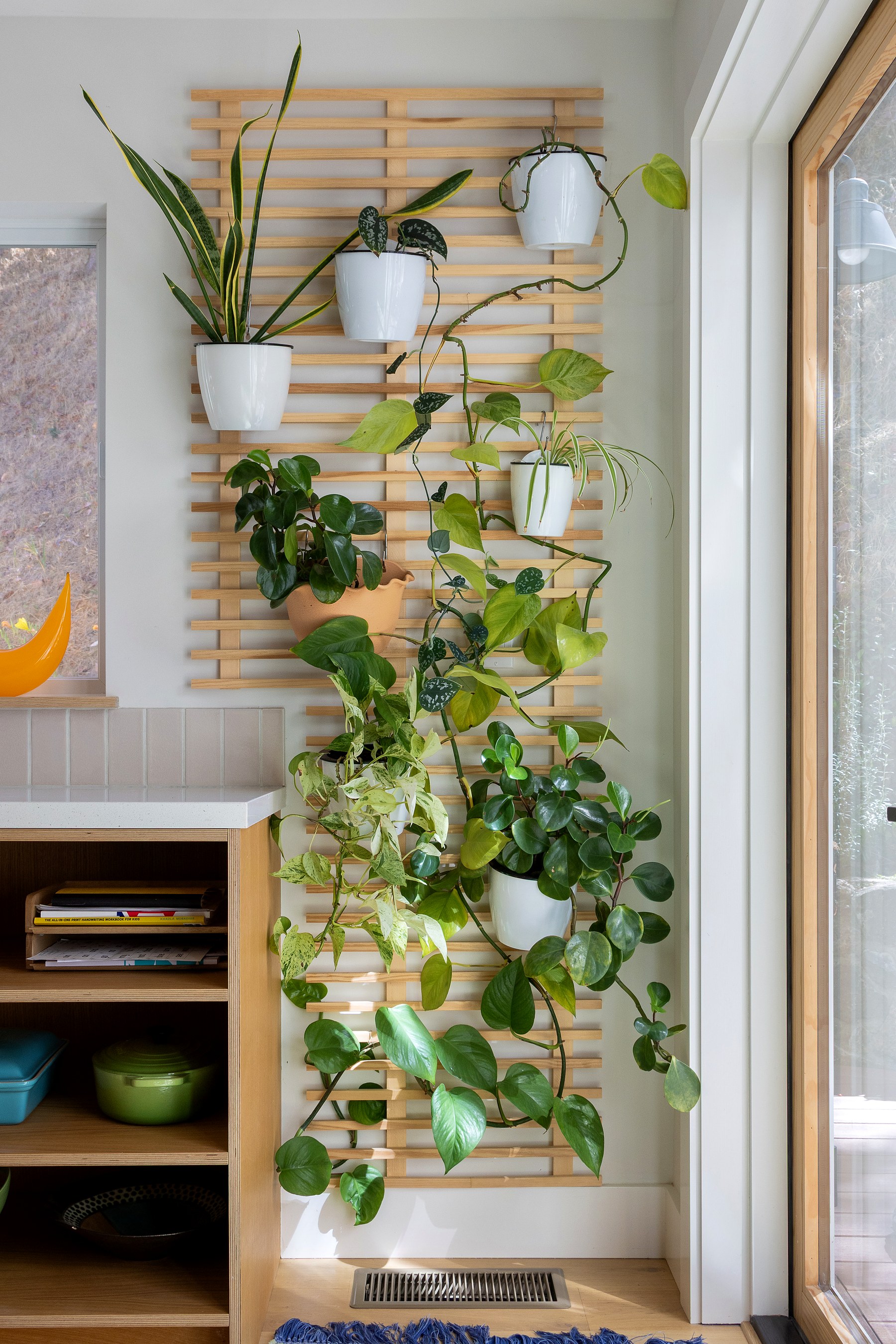 Wall-mounted oak lattice planter rack holding a dozen potted plants